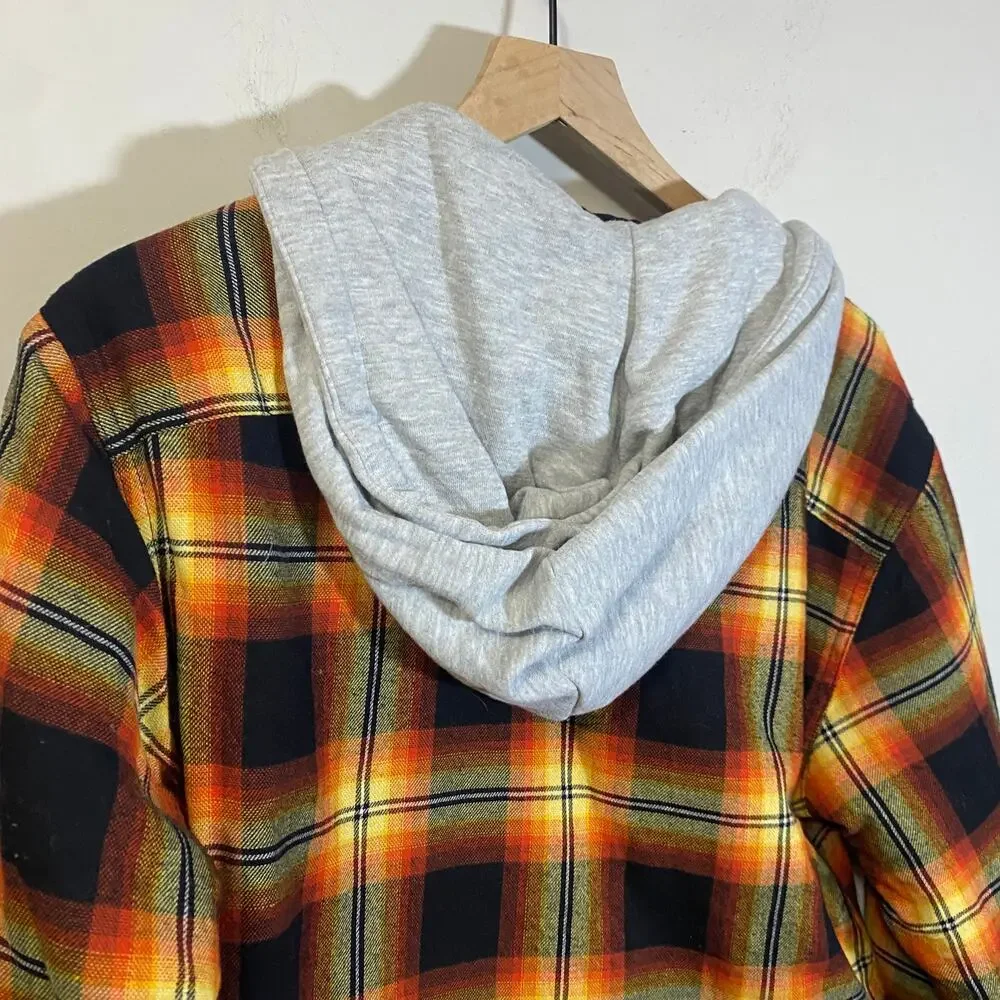 Wrangler Men's Heavyweight Hooded Shirt Jacket Shacket Plaid Yellow Orange Sz S